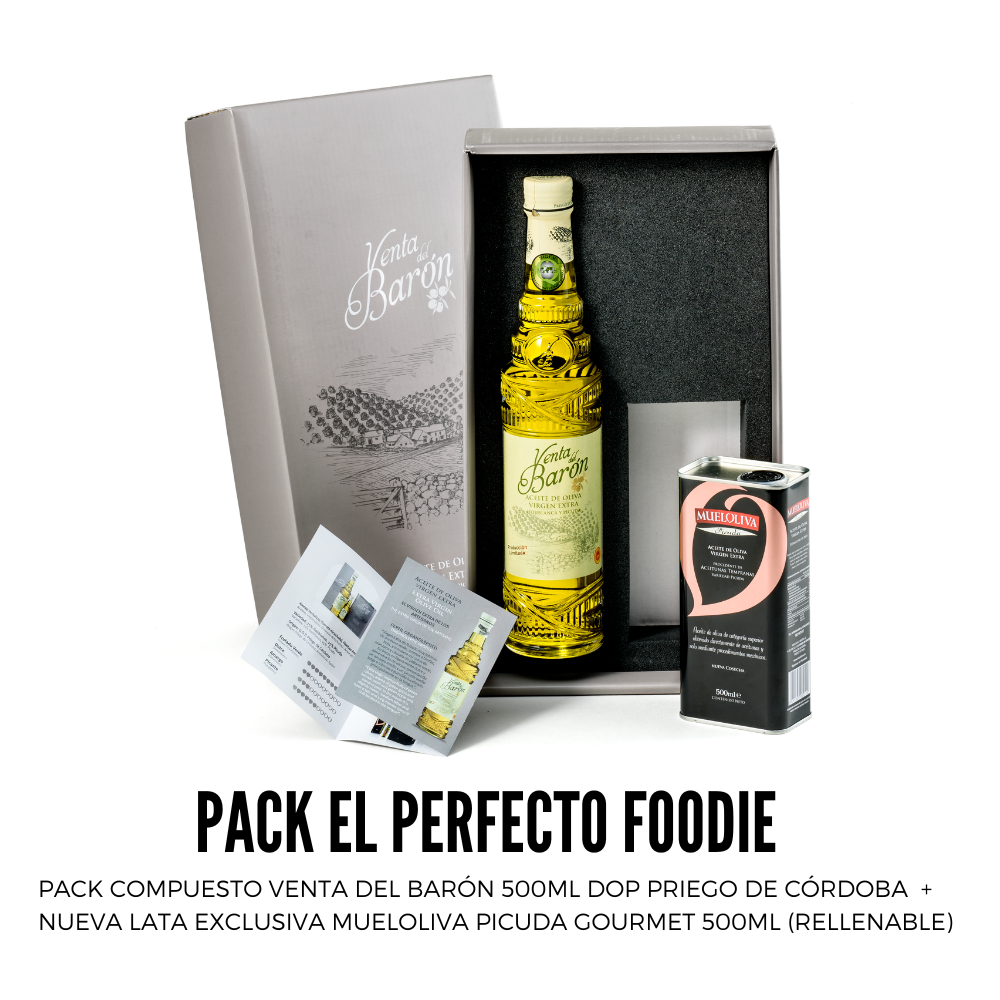 Pack Regalo Gourmet Aceite Venta de Barón 500 ML DOP Priego de Córdoba + Lata Mueloliva Picuda Extra Virgen
